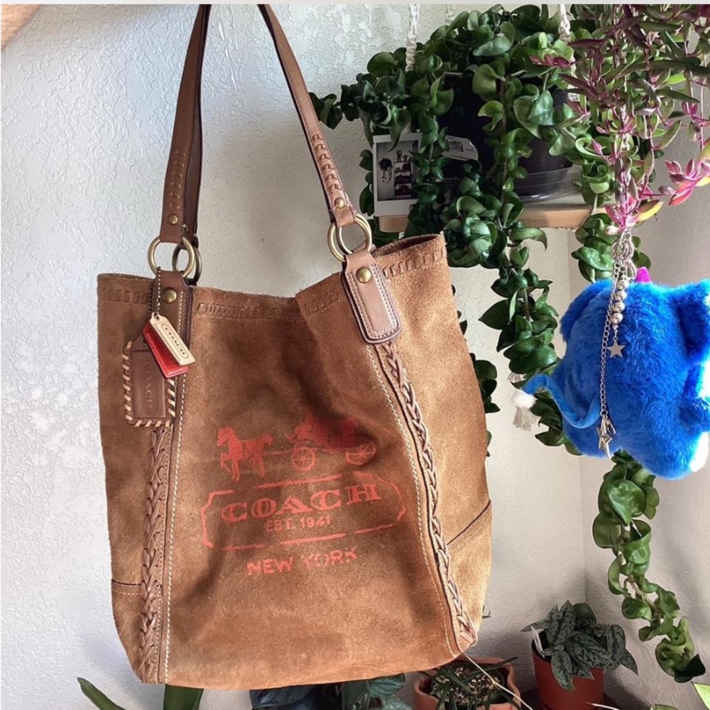 Coach Brown Suede Tote with Red Logo Accents